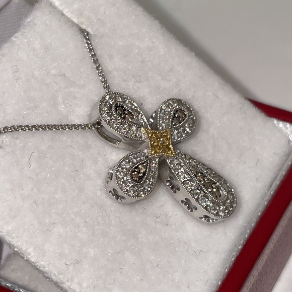 Solid 14K White Gold Natural Diamond Colors Religious Cross Pendant Necklace - Picture 13 of 17